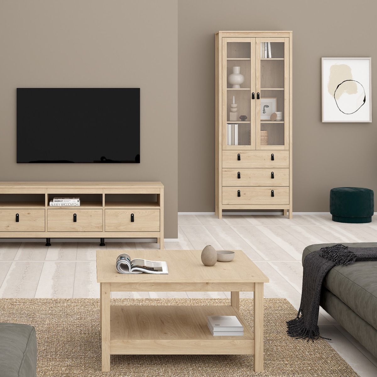 Wooden Display Cabinet With 2 Glass Doors And 3 Drawers - Barcelona