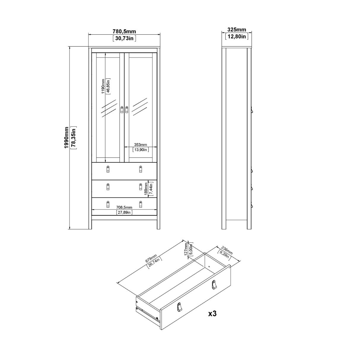 Wooden Display Cabinet With 2 Glass Doors And 3 Drawers - Barcelona