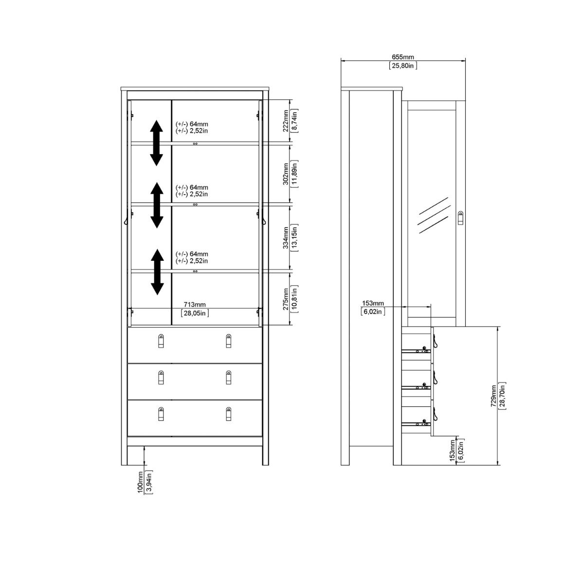 Wooden Display Cabinet With 2 Glass Doors And 3 Drawers - Barcelona