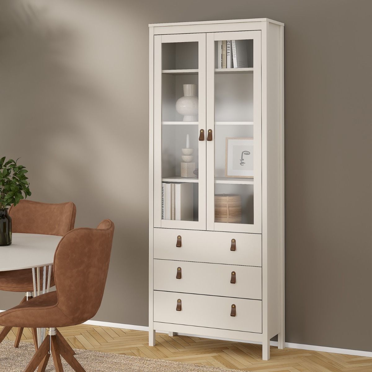 Wooden Display Cabinet With 2 Glass Doors And 3 Drawers - Barcelona