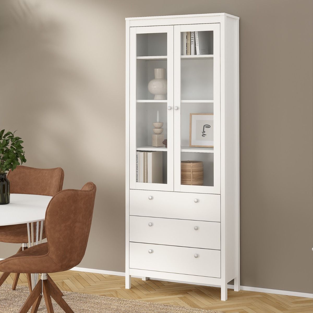 Wooden Display Cabinet With 2 Glass Doors And 3 Drawers - Madrid