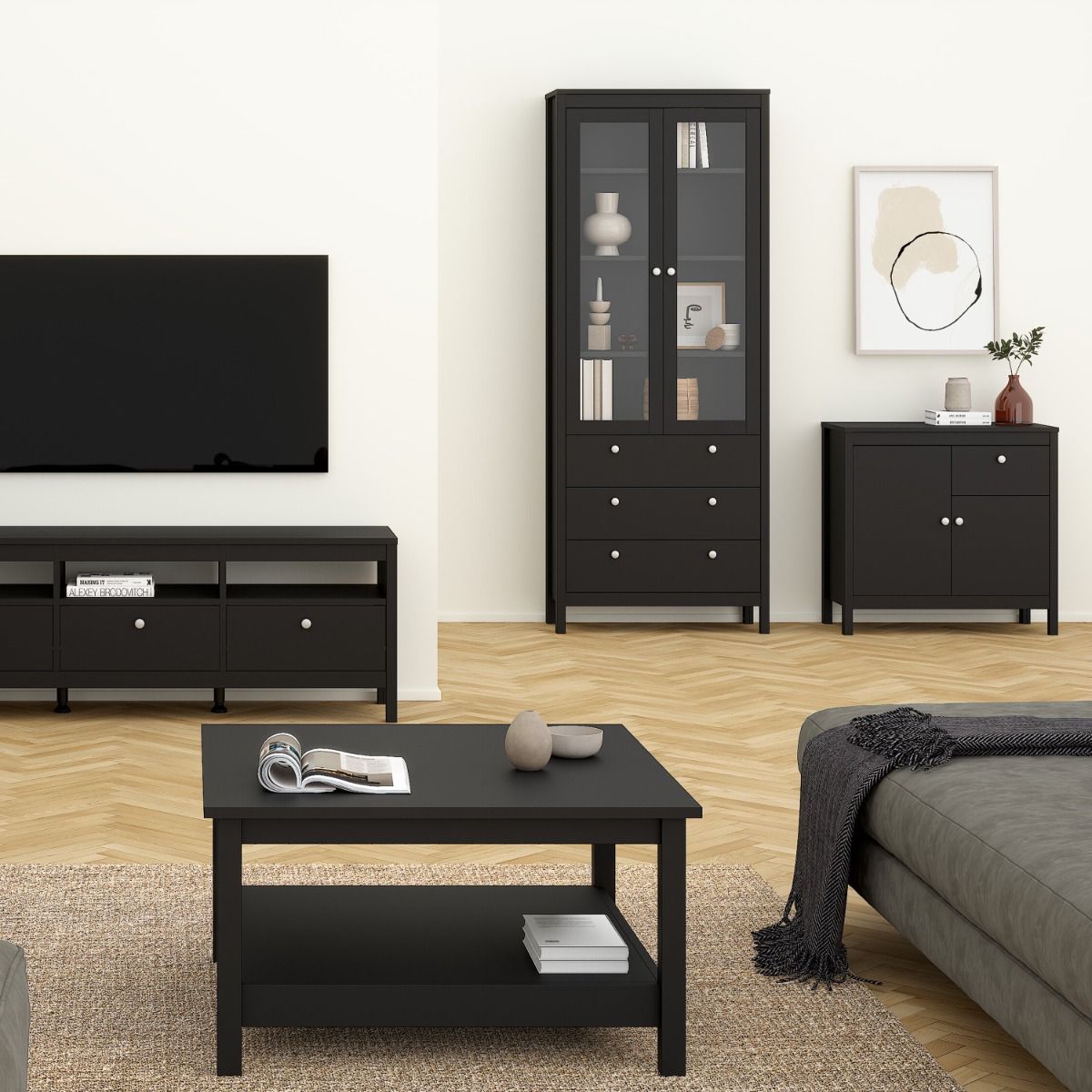 Wooden Display Cabinet With 2 Glass Doors And 3 Drawers - Madrid