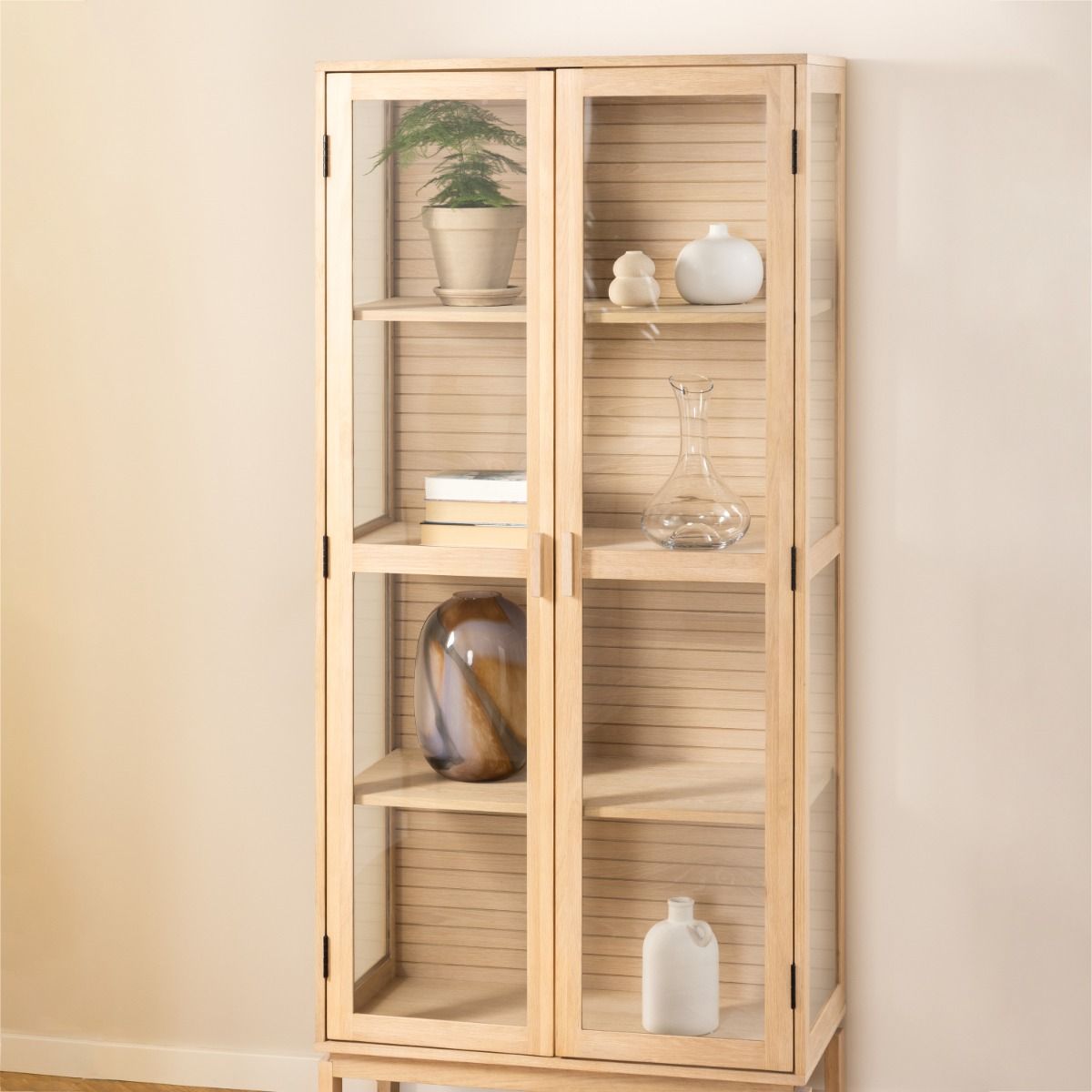 Wooden Display Cabinet With 2 Two Clear Glass Doors - Linley