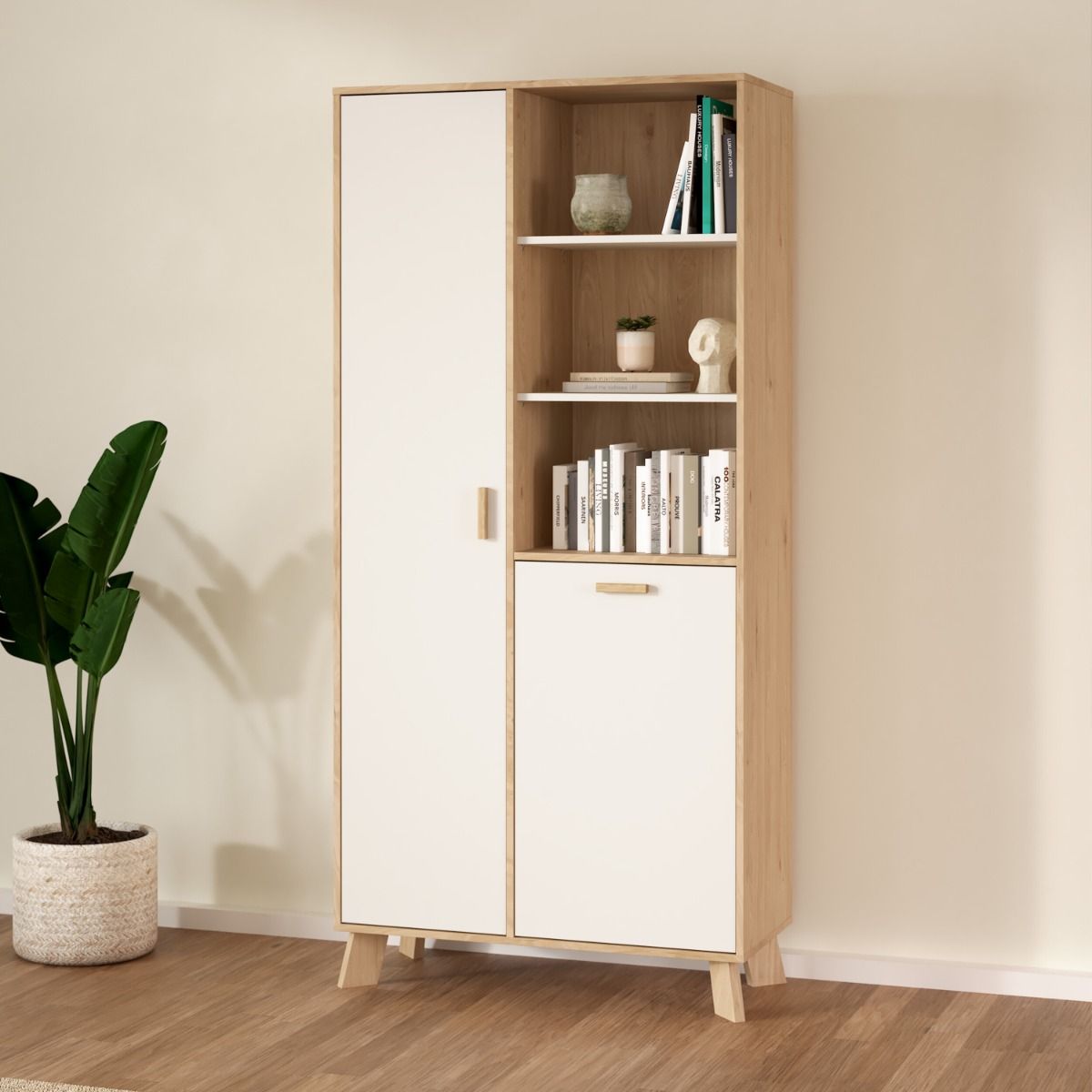 Wooden Display Cabinet With 2 White Front Doors - Ikast