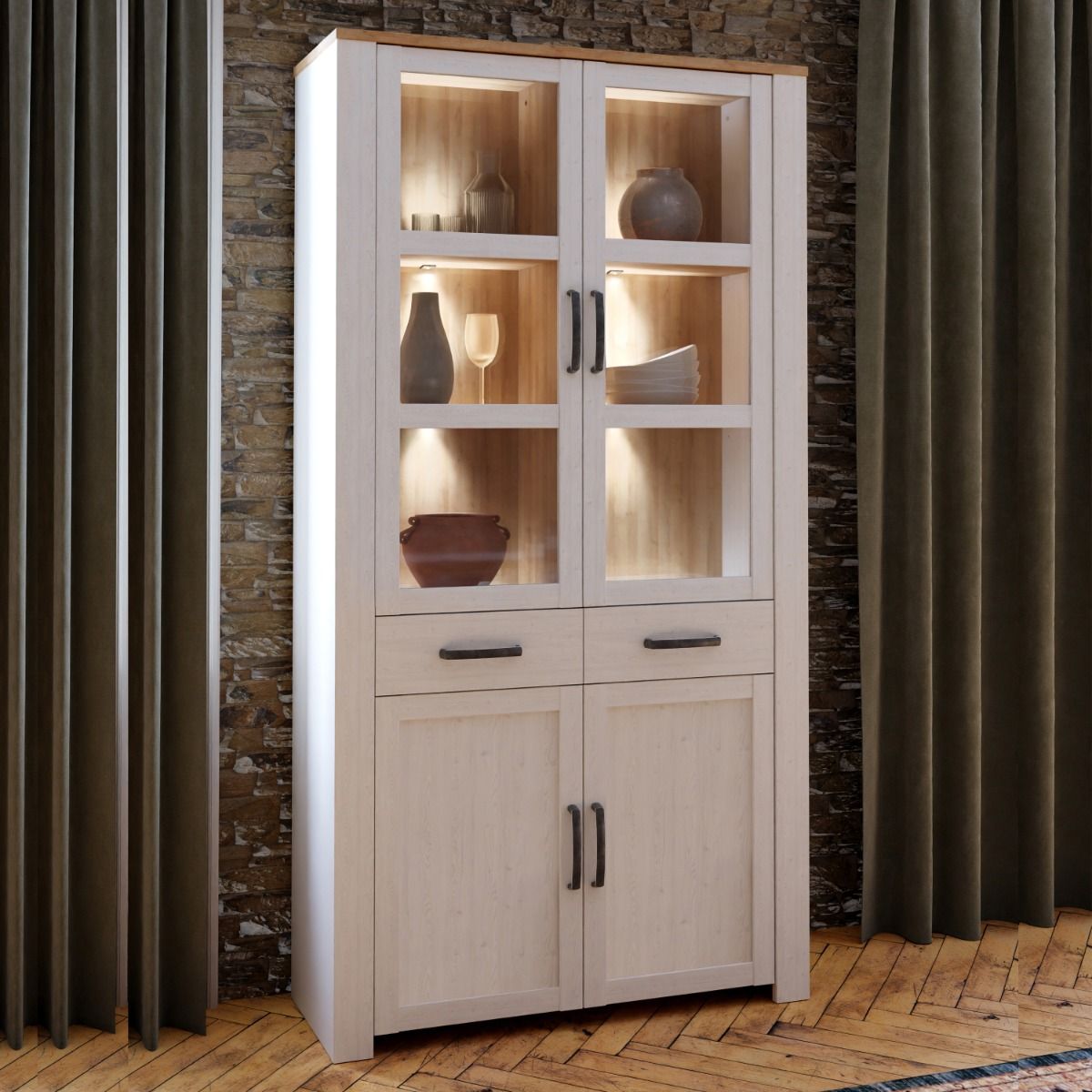 Wooden Display Cabinet With 4 Doors 1 Drawer And LED Lights - Bohol