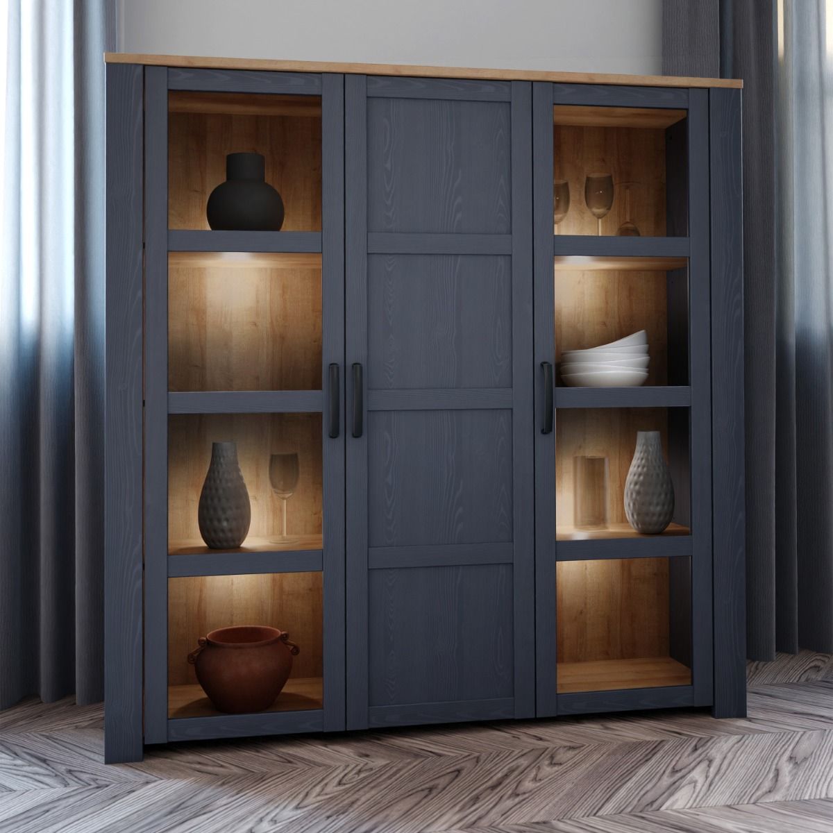 Wooden Display Cabinet Large With 3 Doors And LED Lights - Bohol