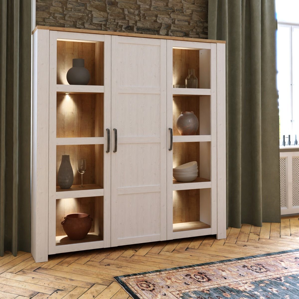 Wooden Display Cabinet Large With 3 Doors And LED Lights - Bohol