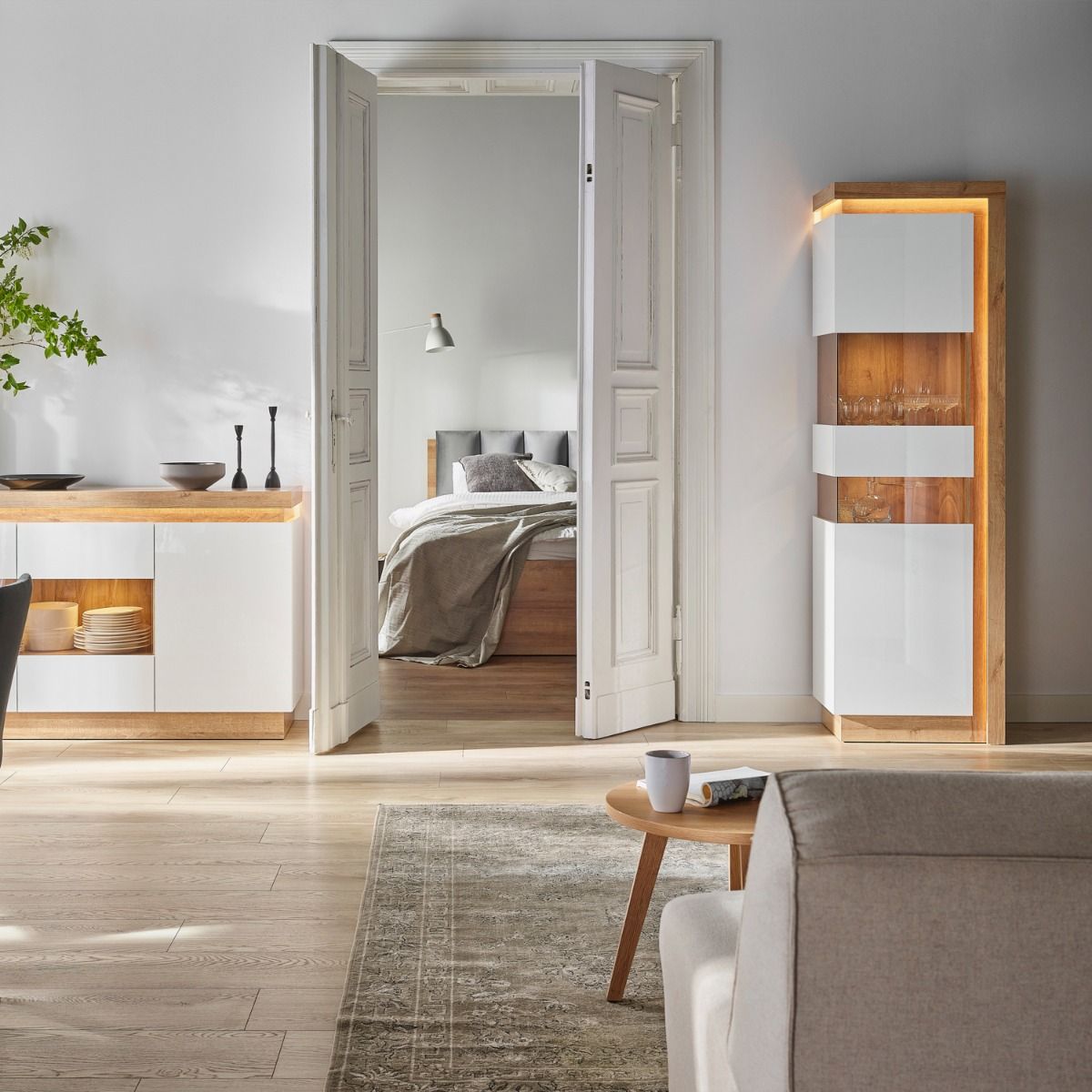 Wooden Display Cabinet Left Handed With 1 Smoky Glazed Door And LED Lights - Lyon