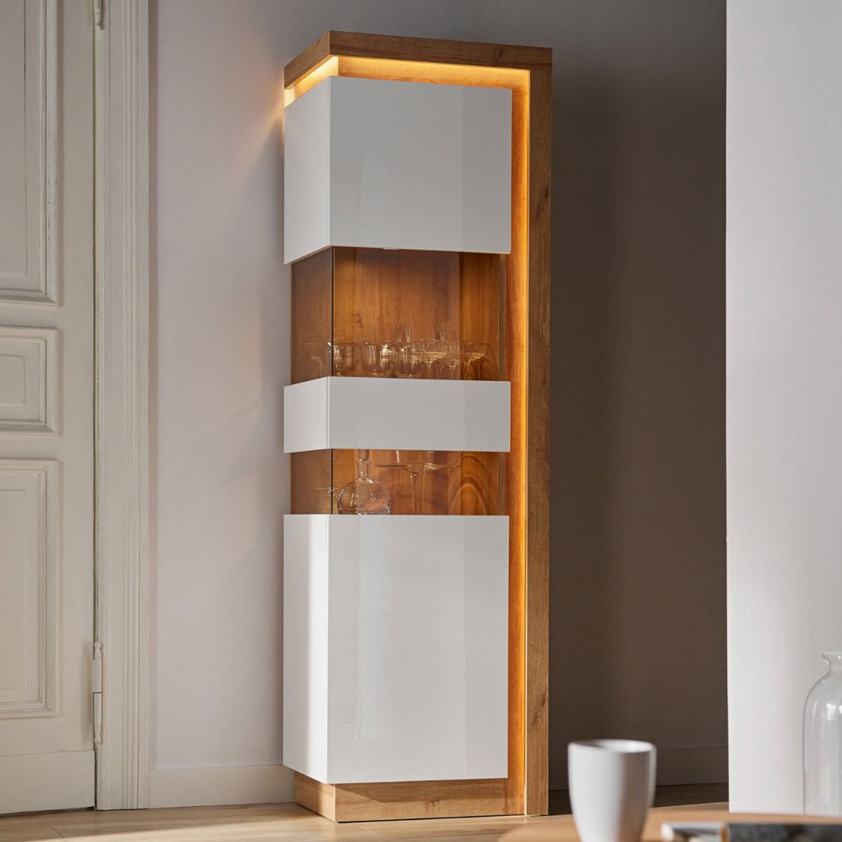 Wooden Display Cabinet Left Handed With 1 Smoky Glazed Door And LED Lights - Lyon