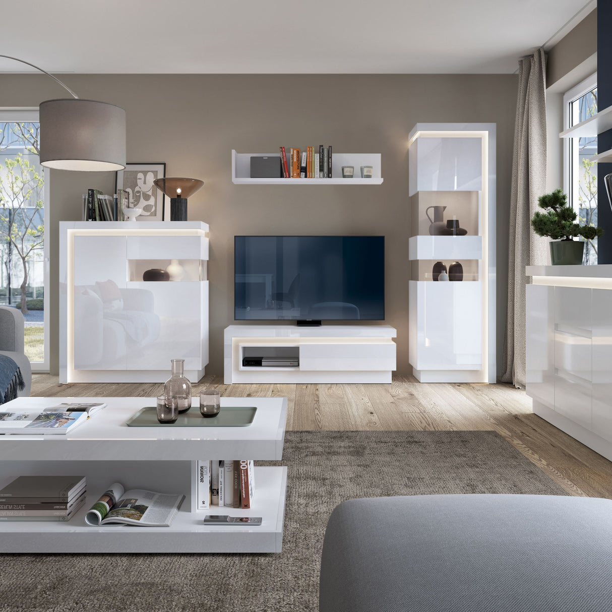 Wooden Display Cabinet Left Handed With 1 Smoky Glazed Door And LED Lights - Lyon