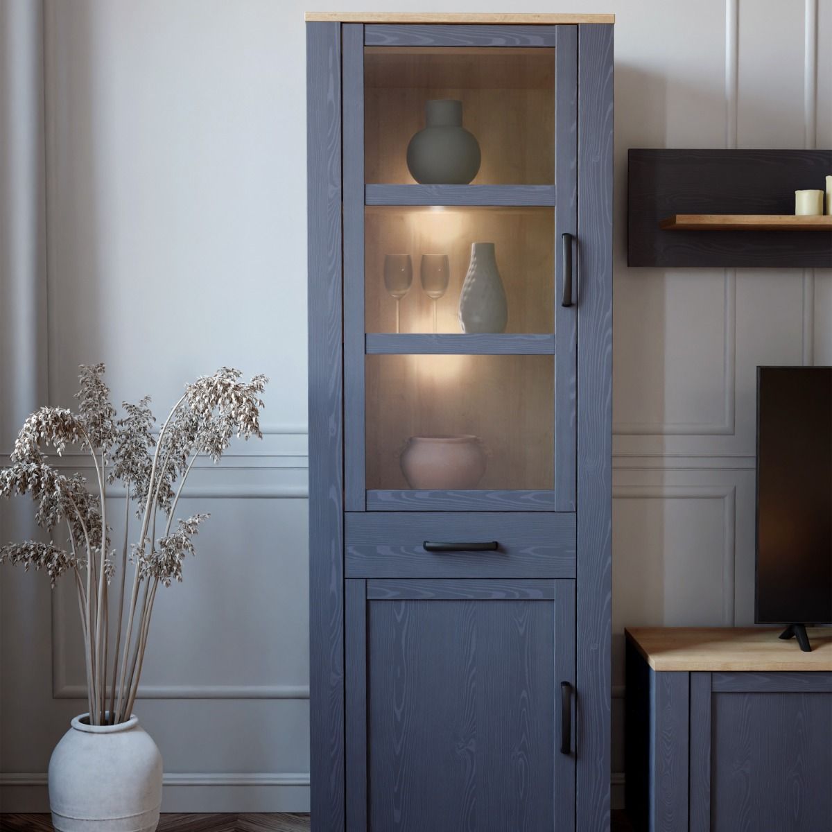 Wooden Display Cabinet Narrow With 2 Doors 1 Drawer And LED Lights - Bohol