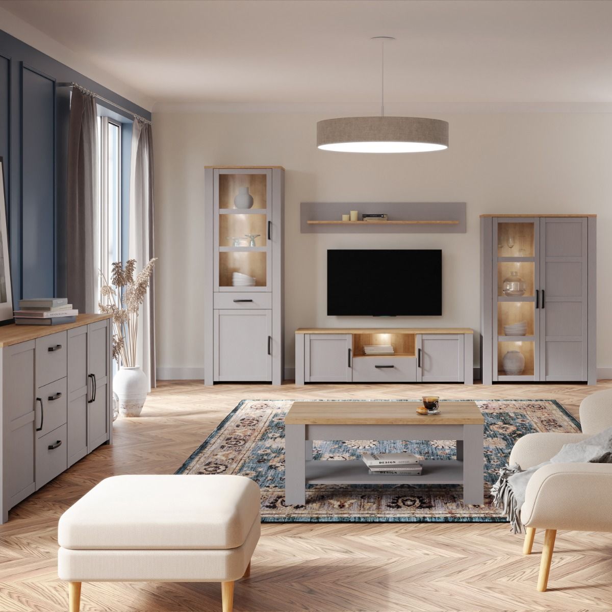 Wooden Display Cabinet Narrow With 2 Doors 1 Drawer And LED Lights - Bohol