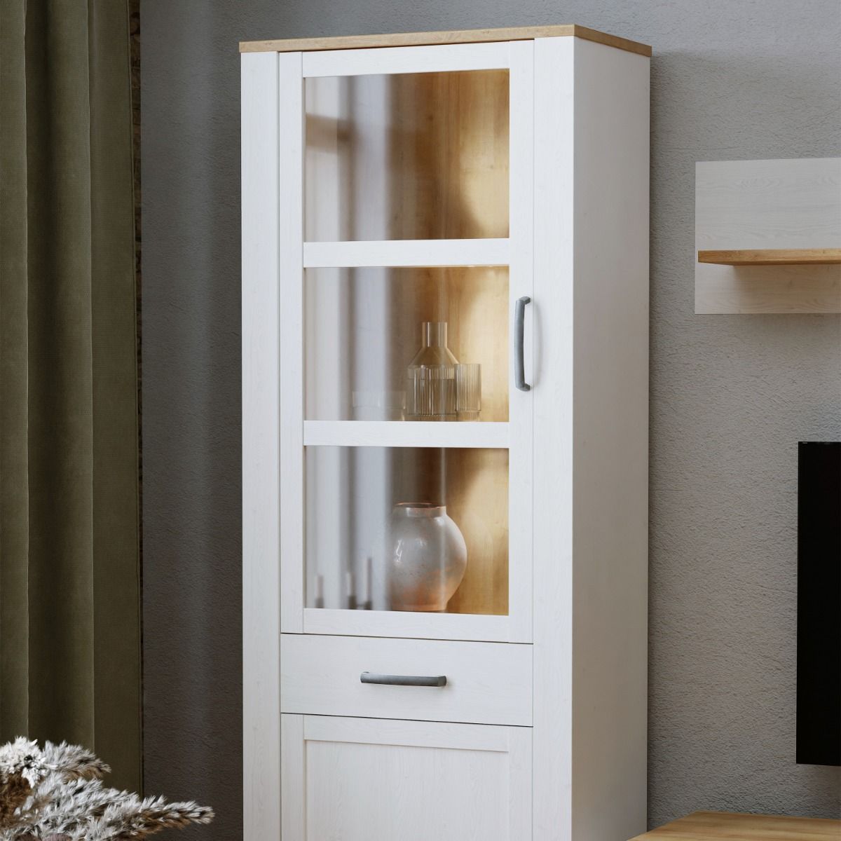 Wooden Display Cabinet Narrow With 2 Doors 1 Drawer And LED Lights - Bohol