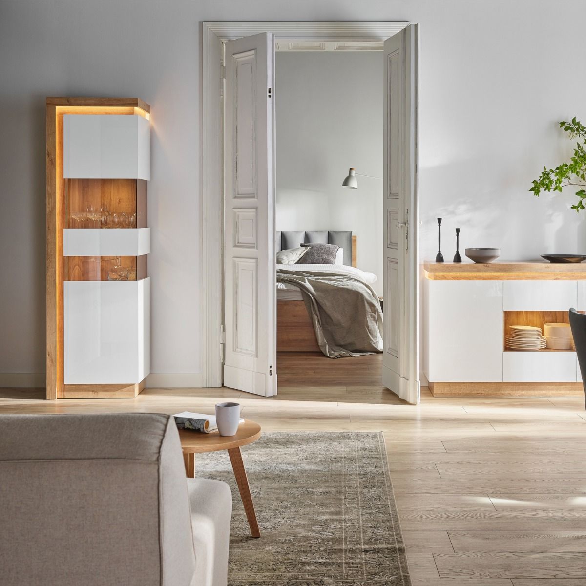 Wooden Display Cabinet Right Handed With 1 Smoky Glazed Door And LED Lights - Lyon