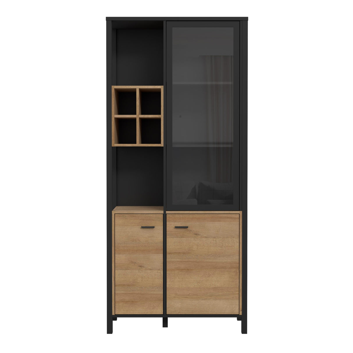 Wooden Display Cabinet Tall With 3 Doors And Wine Rack - High Rock
