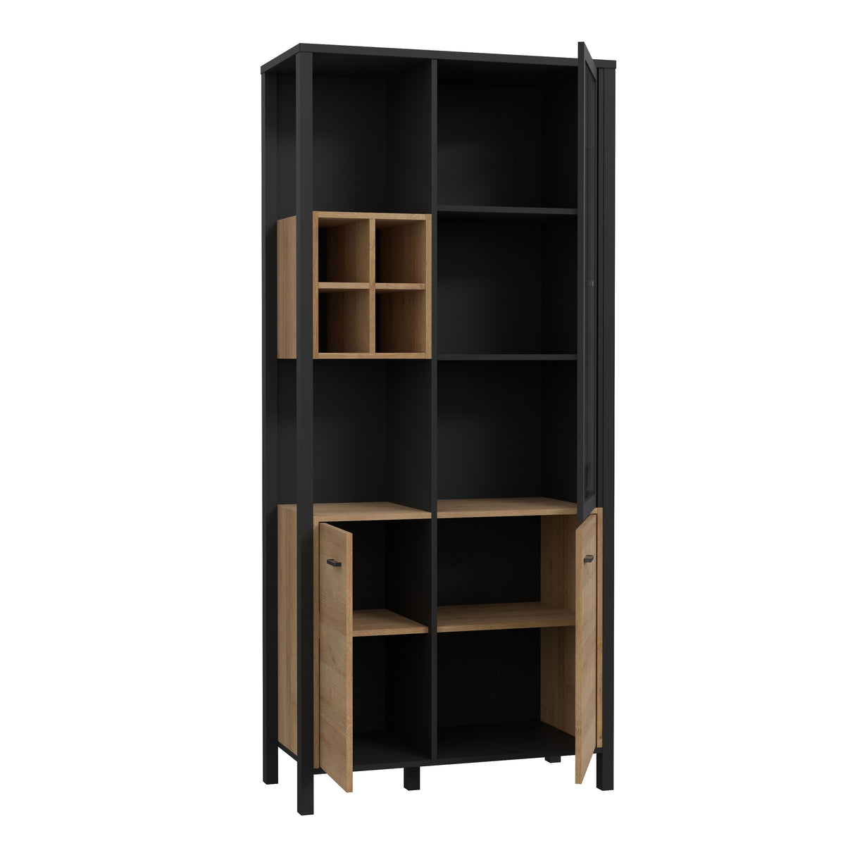 Wooden Display Cabinet Tall With 3 Doors And Wine Rack - High Rock