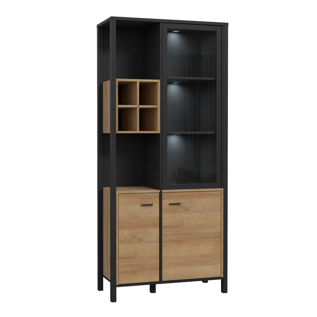 Wooden Display Cabinet Tall With 3 Doors And Wine Rack - High Rock