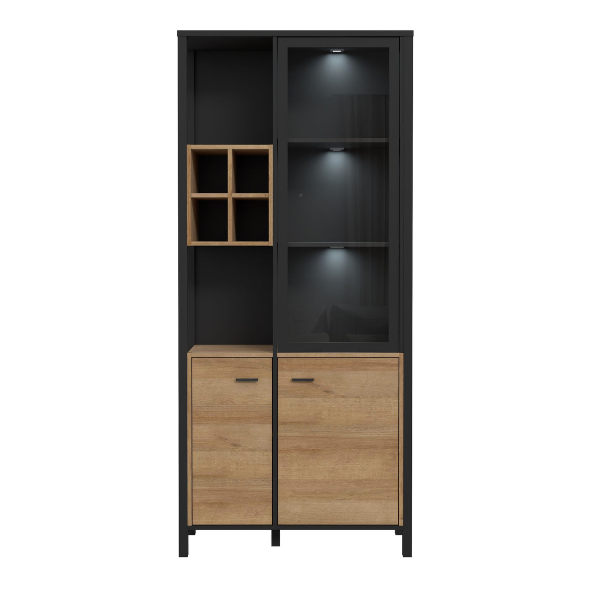 Wooden Display Cabinet Tall With 3 Doors And Wine Rack - High Rock