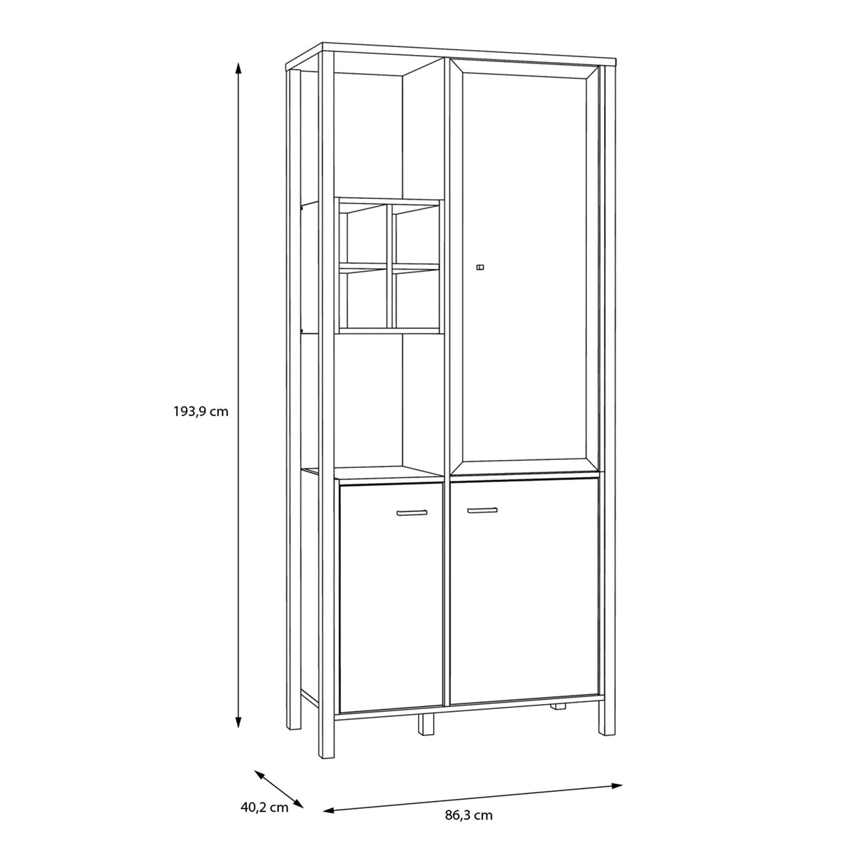 Wooden Display Cabinet Tall With 3 Doors And Wine Rack - High Rock