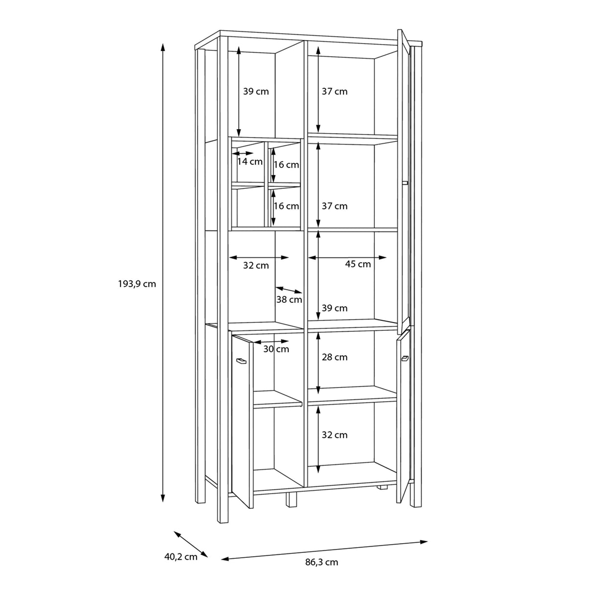 Wooden Display Cabinet Tall With 3 Doors And Wine Rack - High Rock