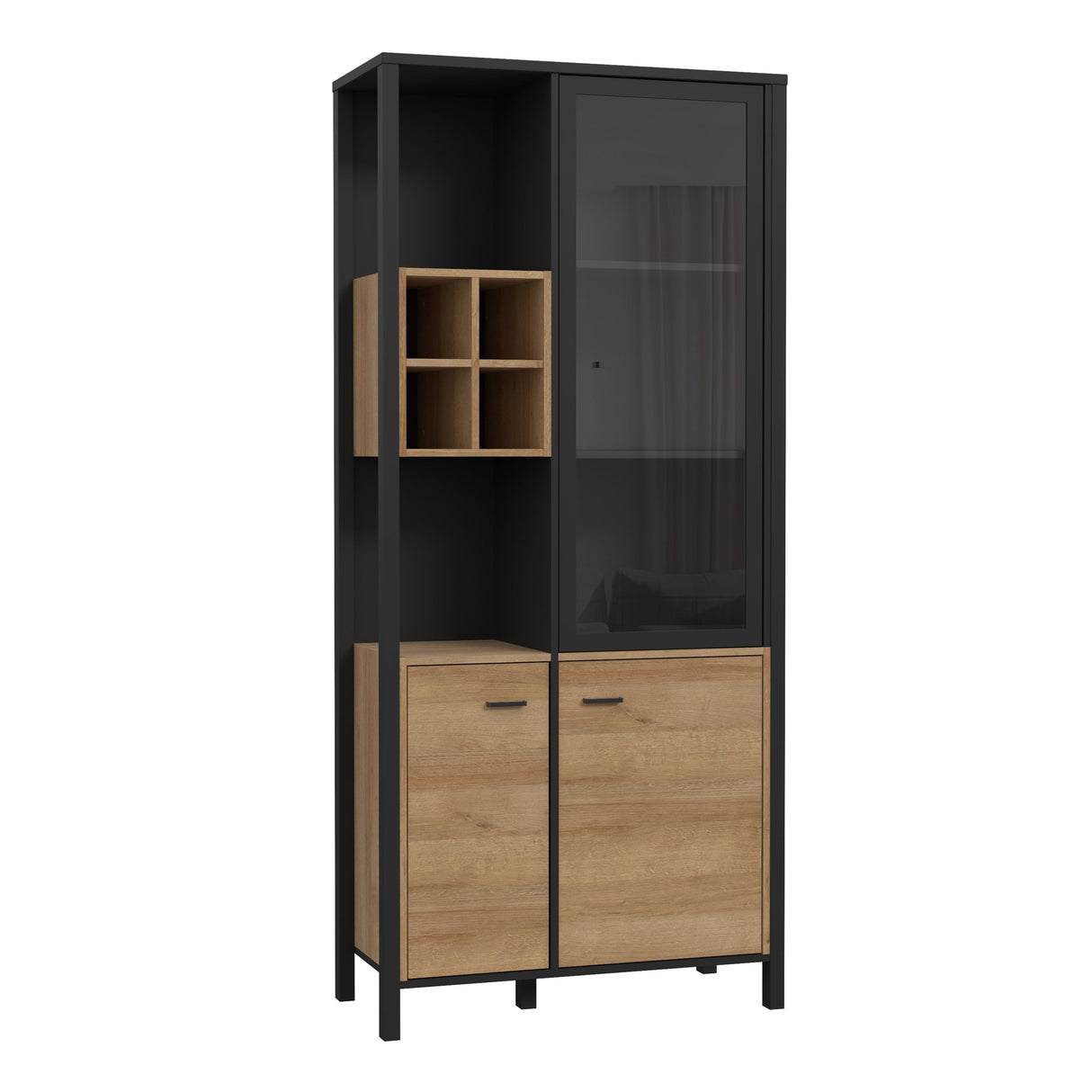 Wooden Display Cabinet Tall With 3 Doors And Wine Rack - High Rock