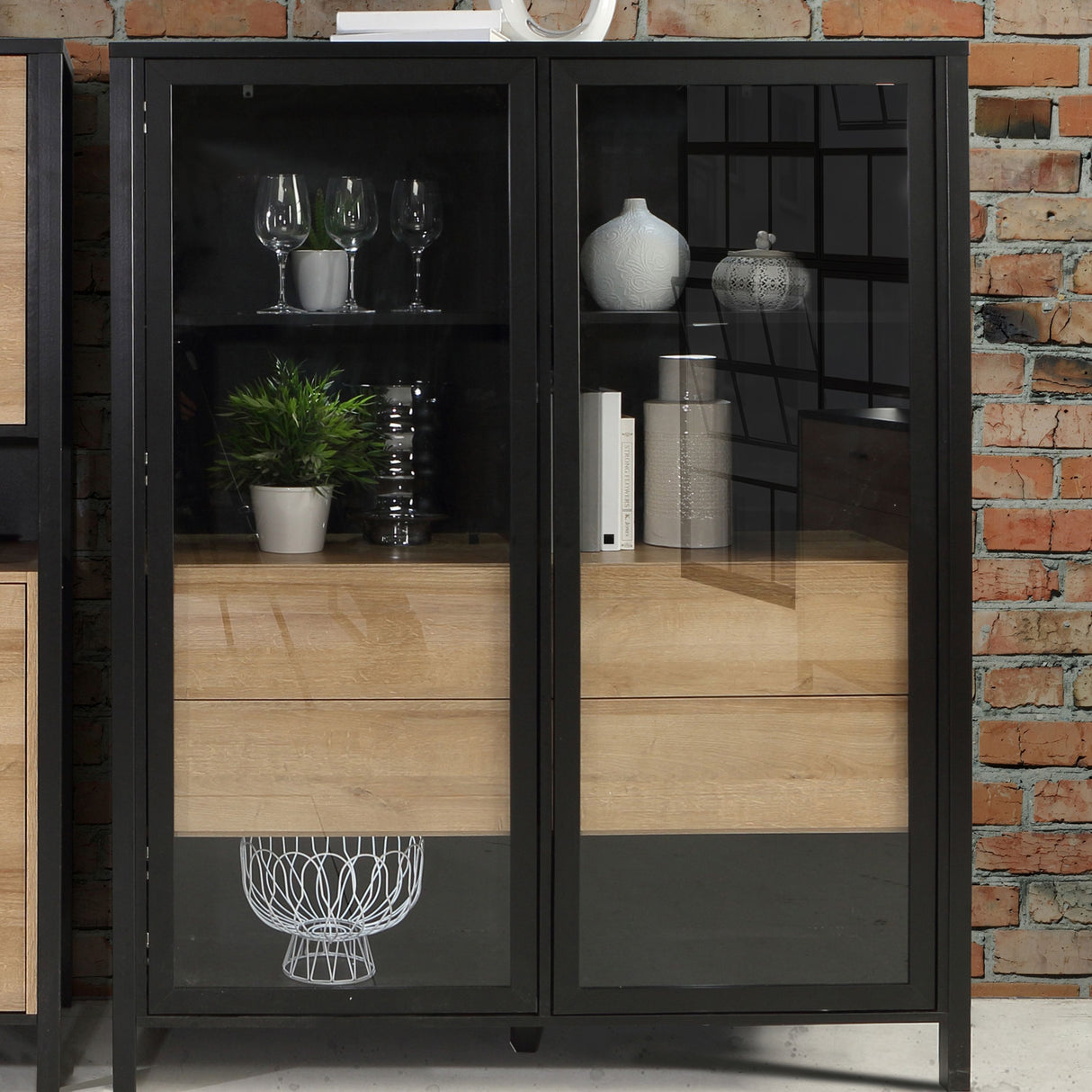 Wooden Display Cabinet Wide With 2 Glass Doors - High Rock