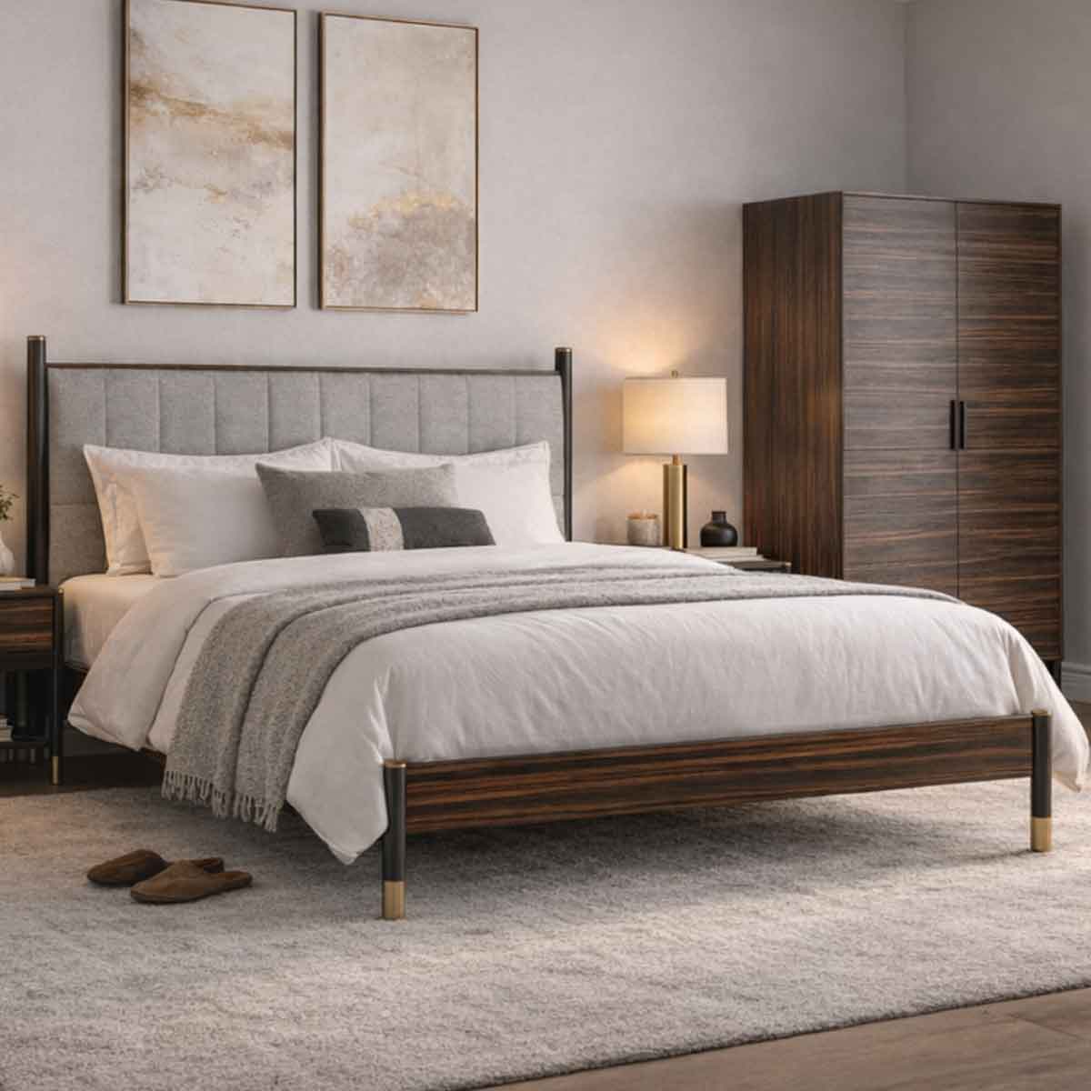 Wooden Double Bed 147.6cm Wide With Grey Fabric Headboard - Bali