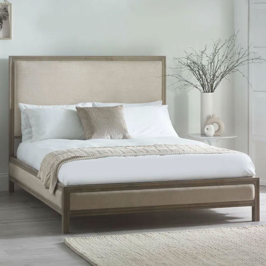 Wooden Double Bed With Fabric Headboard - Lucie