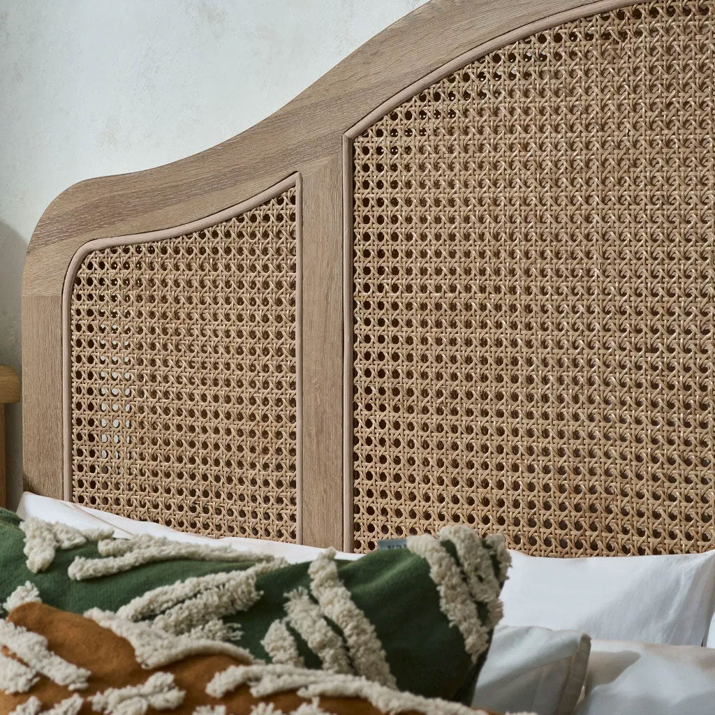 Wooden Double Bed With Rattan Detailing - Fleur