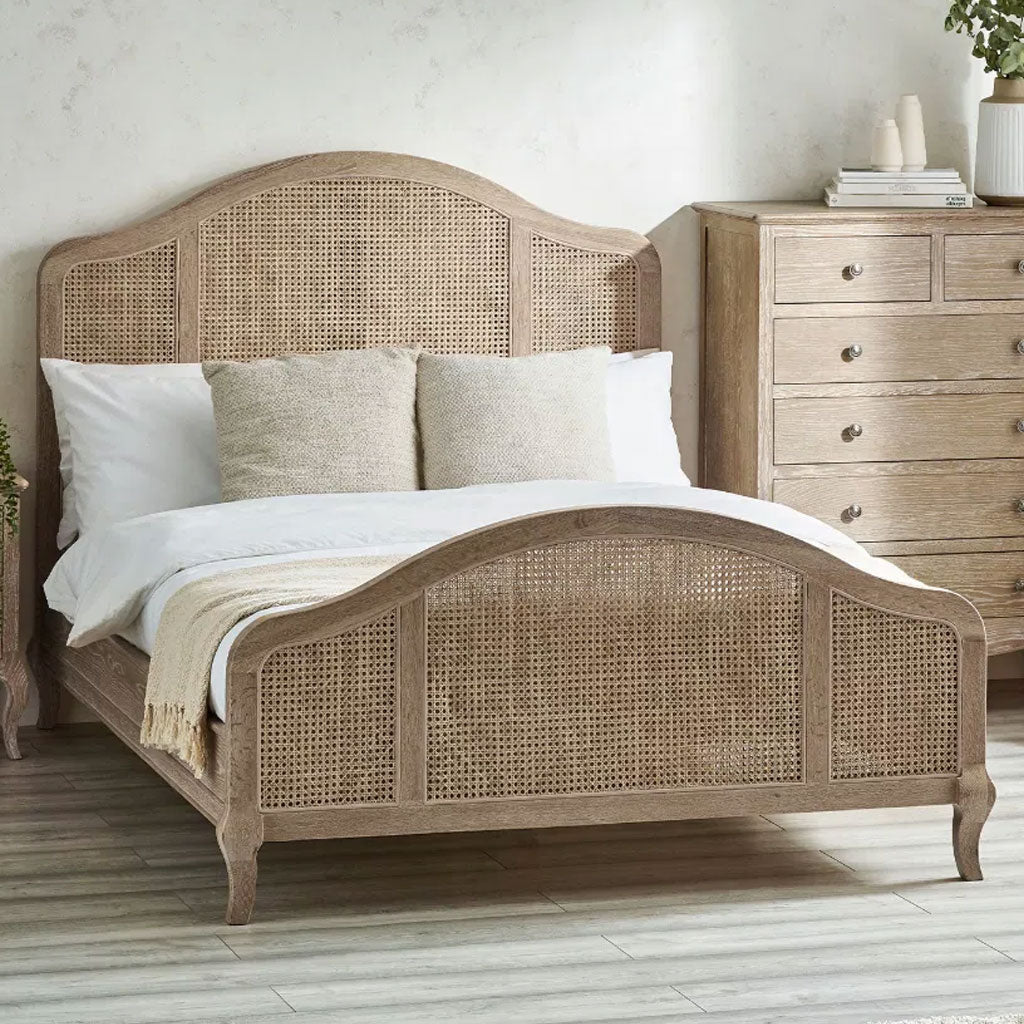Wooden Double Bed With Rattan Detailing - Fleur