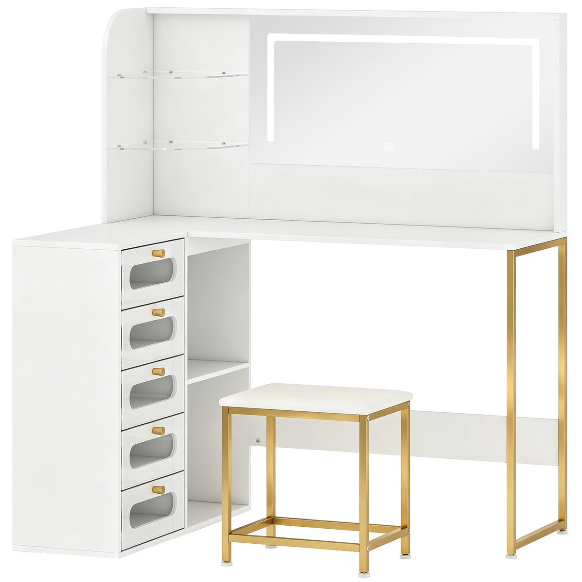 Wooden Dressing Table Set 120cm Wide L-Shaped With LED Mirror - Velmora