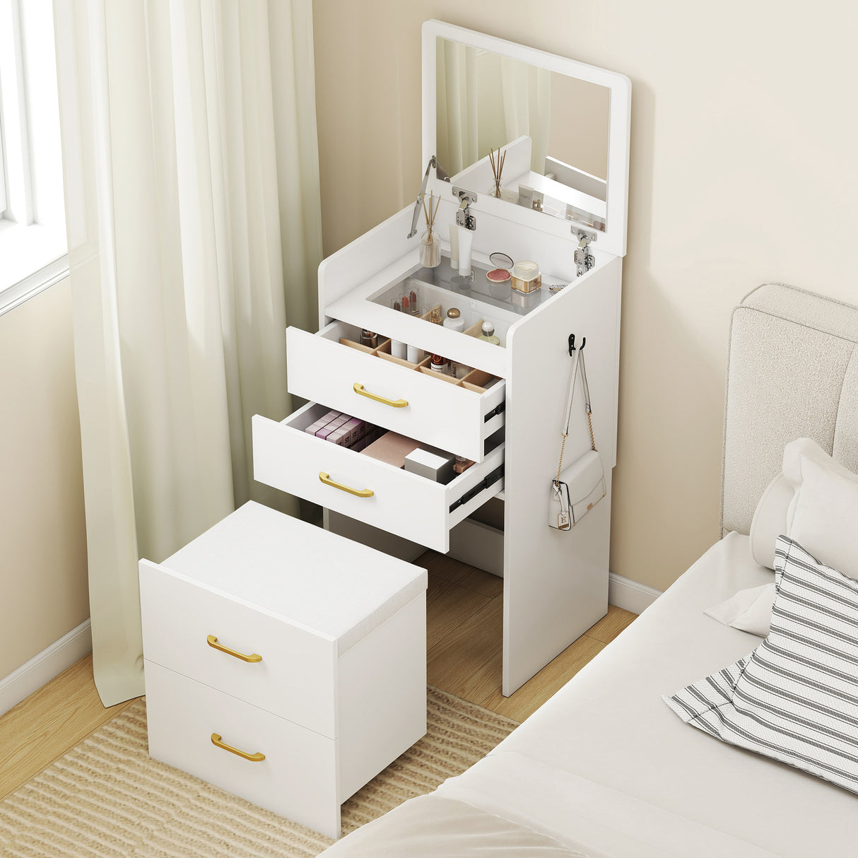Wooden Dressing Table Set 48cm Wide - Velmora