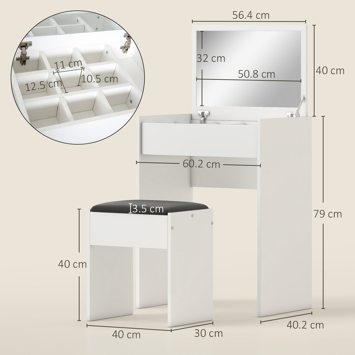 Wooden Dressing Table Set 60.2cm Wide - Velmora