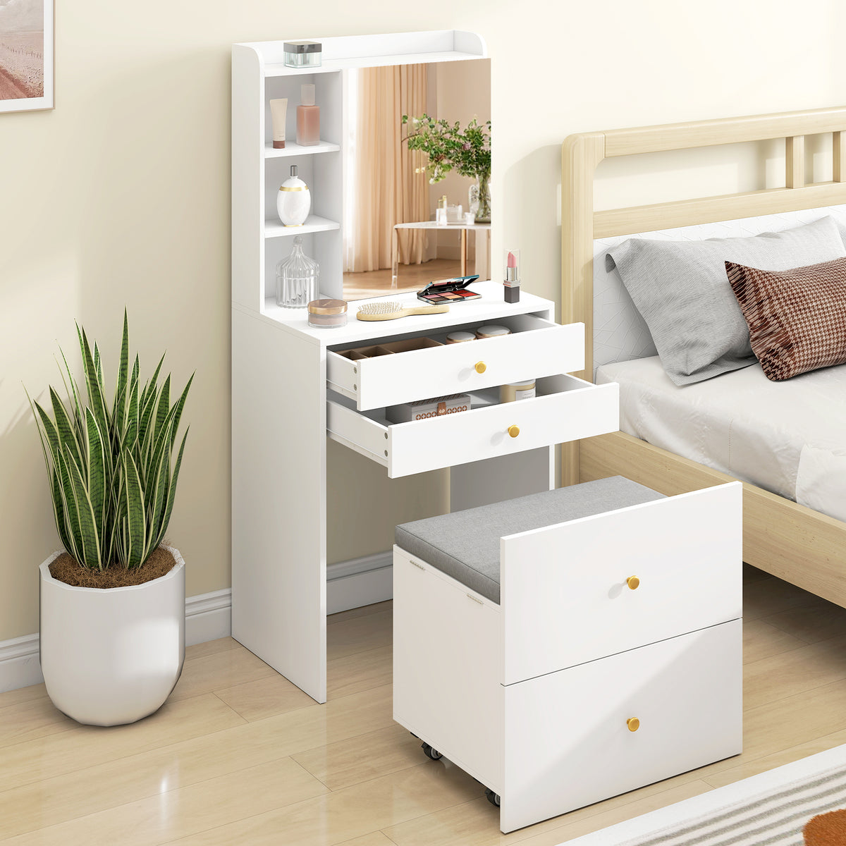 Wooden Dressing Table Set 60cm Wide - Velmora