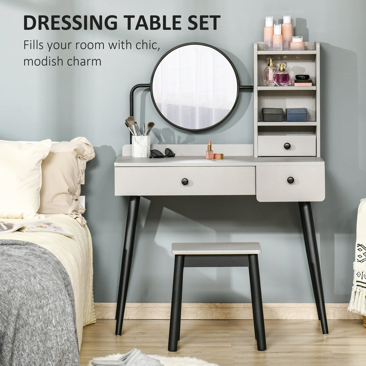 Wooden Dressing Table Set 90cm Wide - Velmora