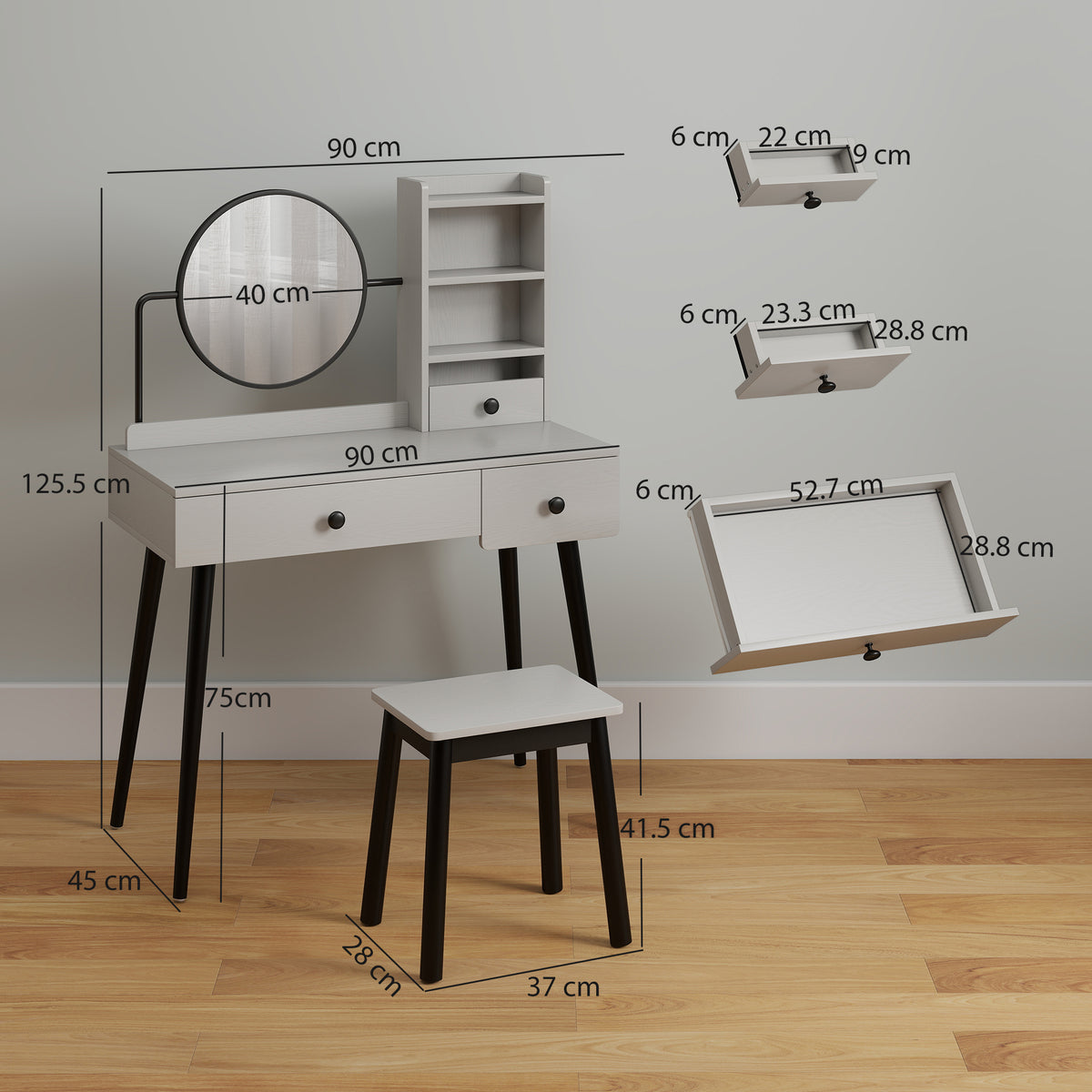 Wooden Dressing Table Set 90cm Wide - Velmora