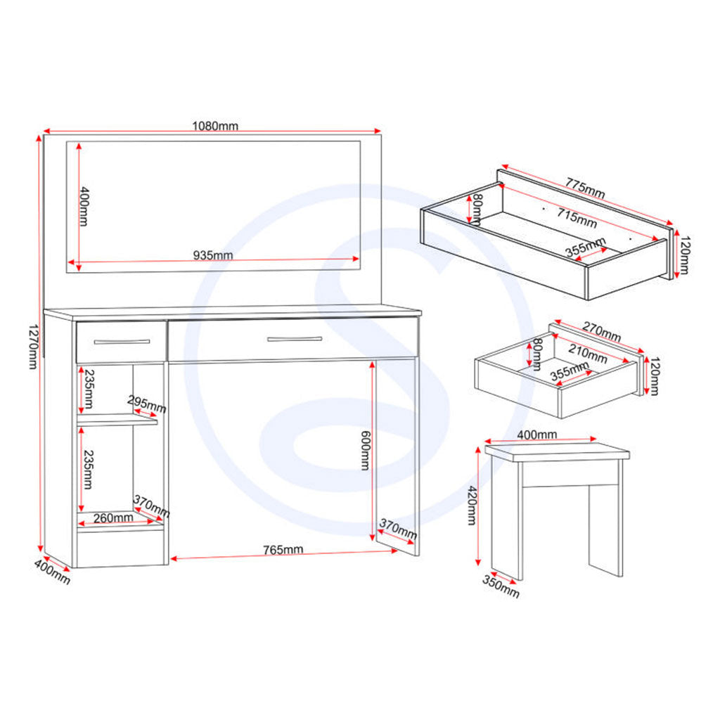 Wooden Dressing Table Set With 1 Door And 2 Drawers - Nevada