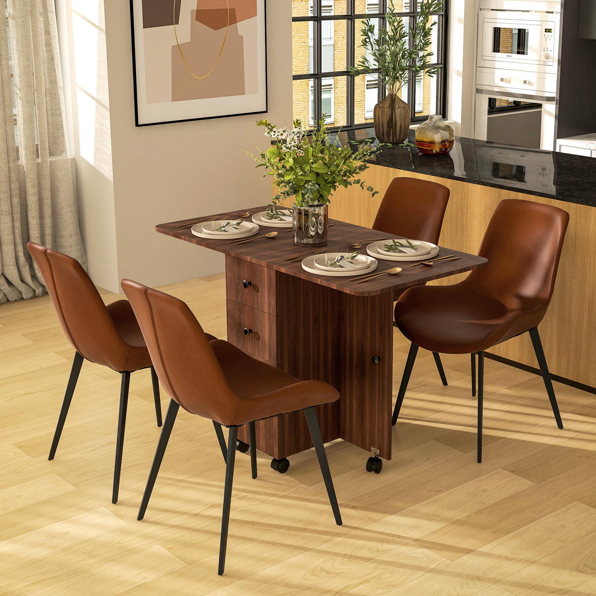 Wooden Drop Leaf Dining Table for 4 to 6 People With Multi-Storage - Velmora