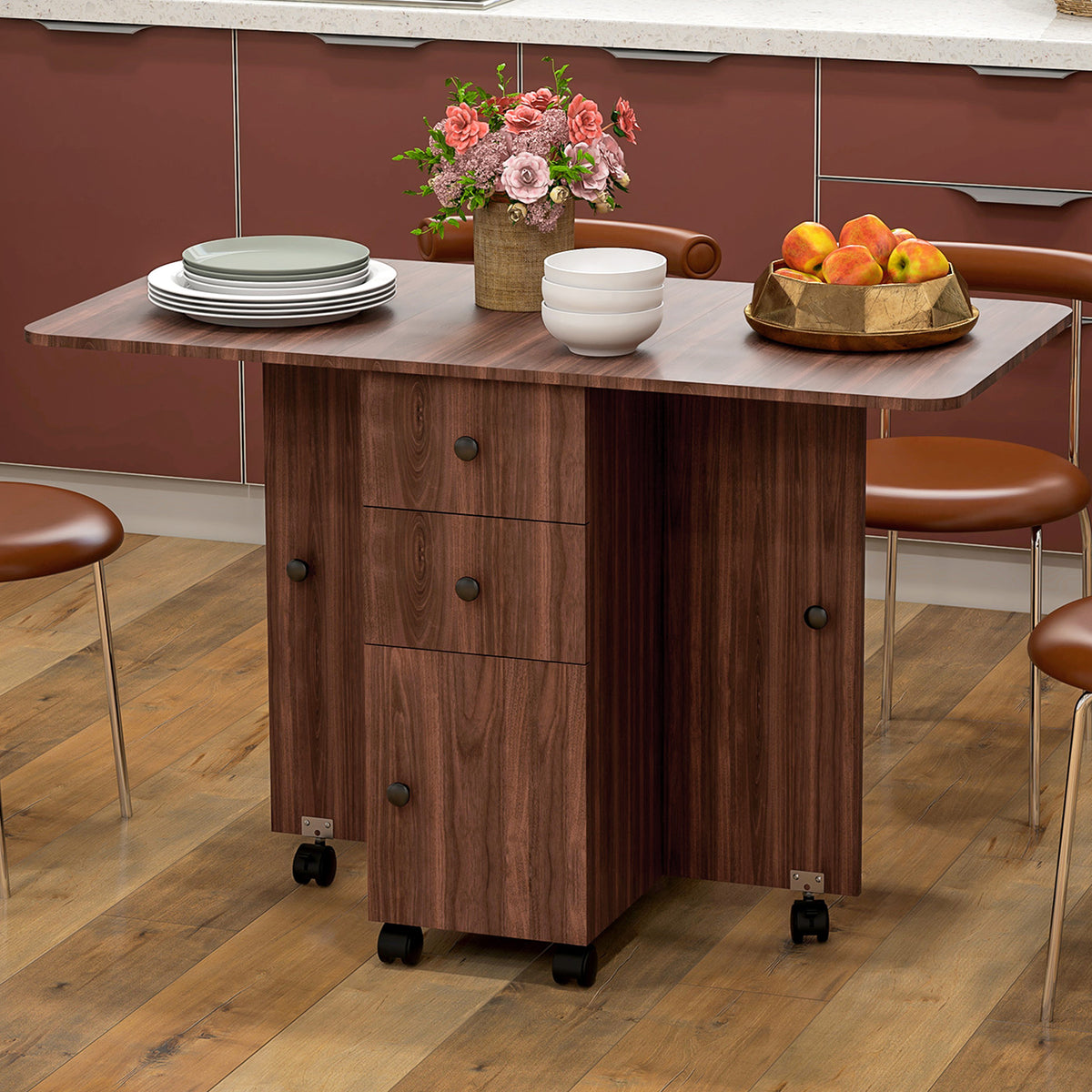 Wooden Drop Leaf Dining Table for 4 to 6 People With Multi-Storage - Velmora