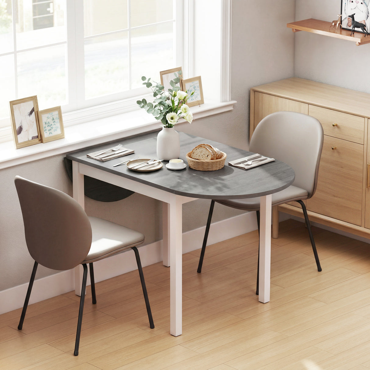 Wooden Drop-Leaf Dining Table Oval for 4 to 6 People - Velmora