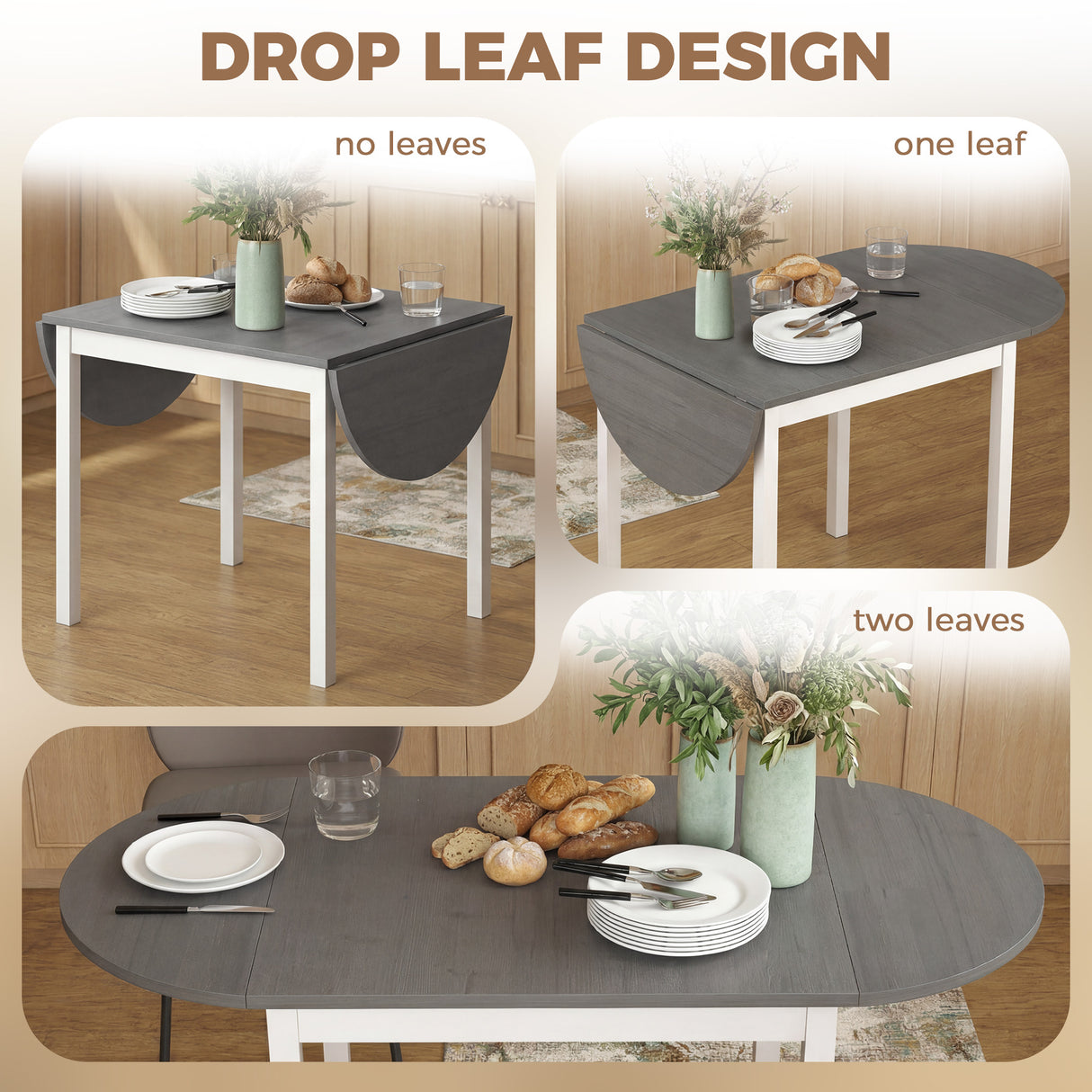Wooden Drop-Leaf Dining Table Oval for 4 to 6 People - Velmora