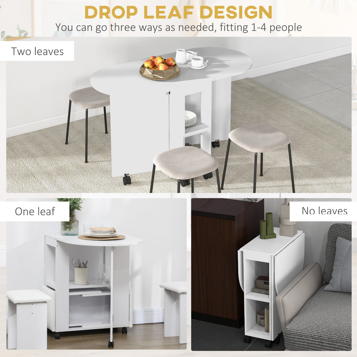 Wooden Drop Leaf Dining Table Oval With Wheels for 4 People - Velmora