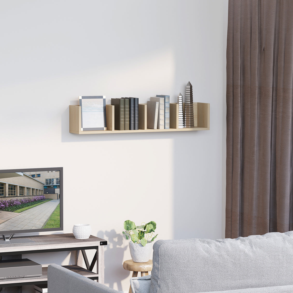 Wooden DVD Wall Shelf 95cm Wide With 4 Compartments - Velmora