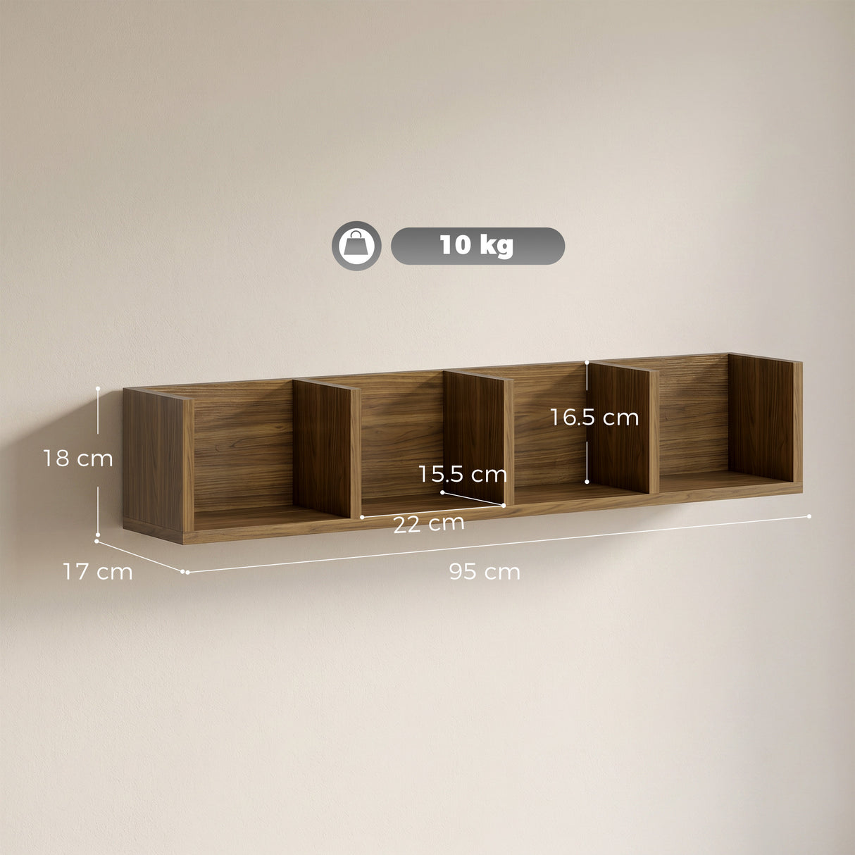 Wooden DVD Wall Shelf 95cm Wide With 4 Compartments - Velmora