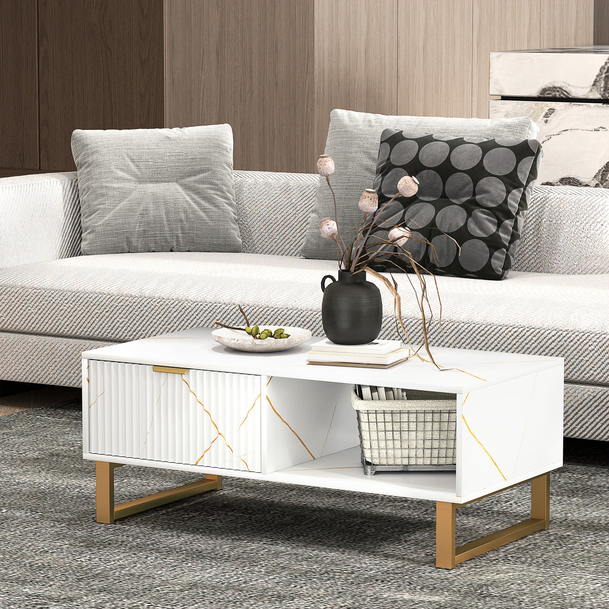 Wooden Elegant Coffee Table Rectangular With 1 Drawer in Elegant Marble Effect - Velmora