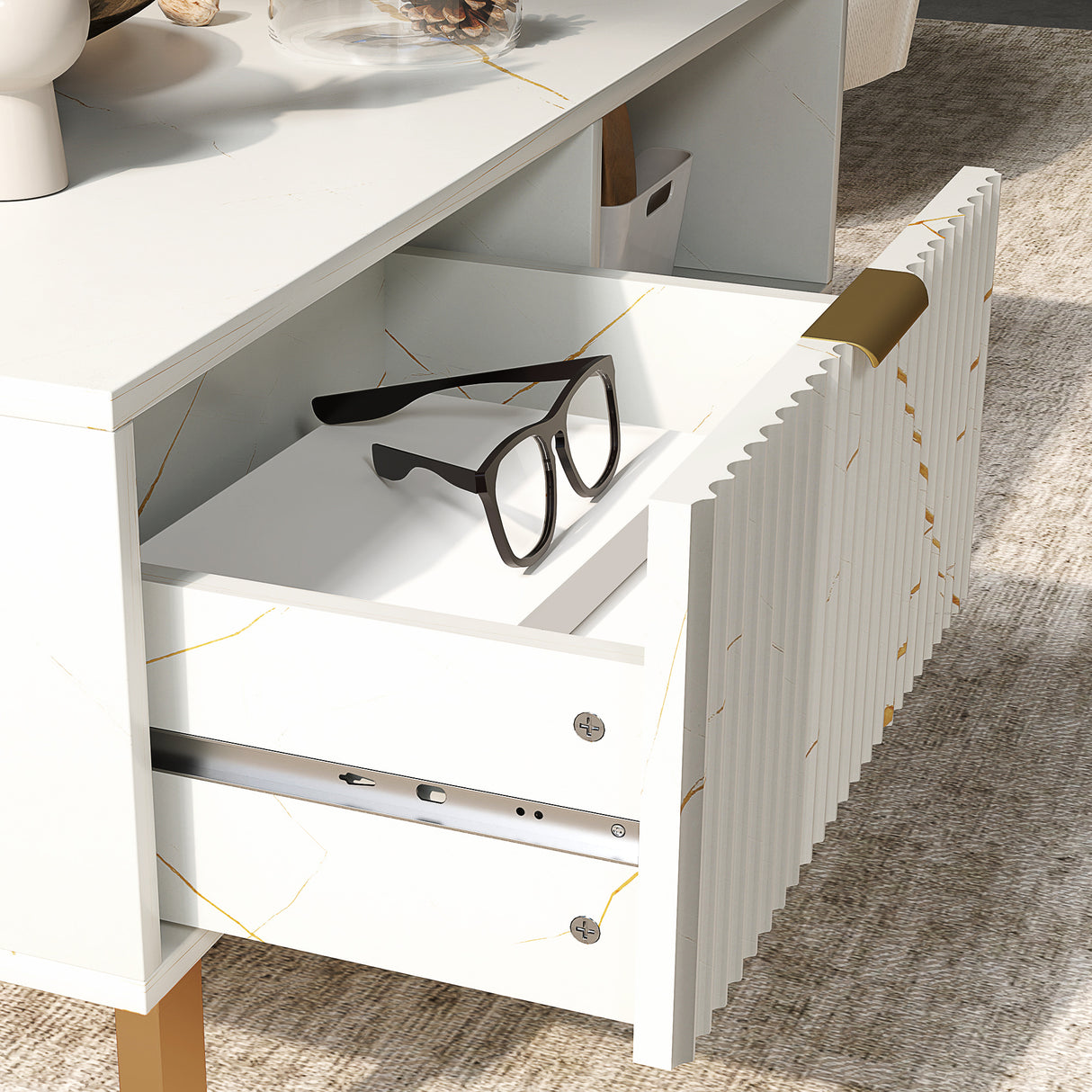 Wooden Elegant Coffee Table Rectangular With 1 Drawer in Elegant Marble Effect - Velmora