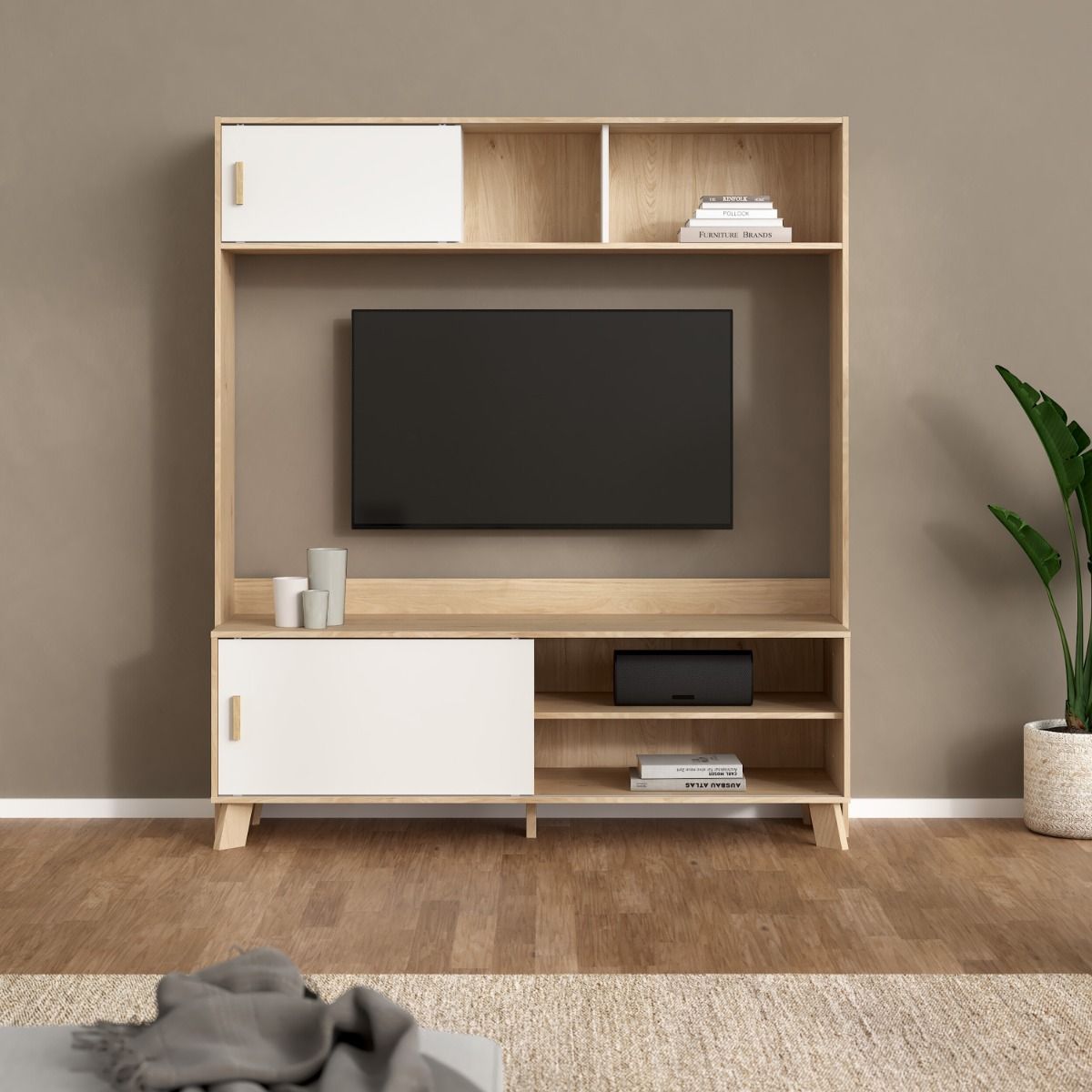 Wooden Entertainment Unit With 2 Sliding Doors In White Fronts - Ikast