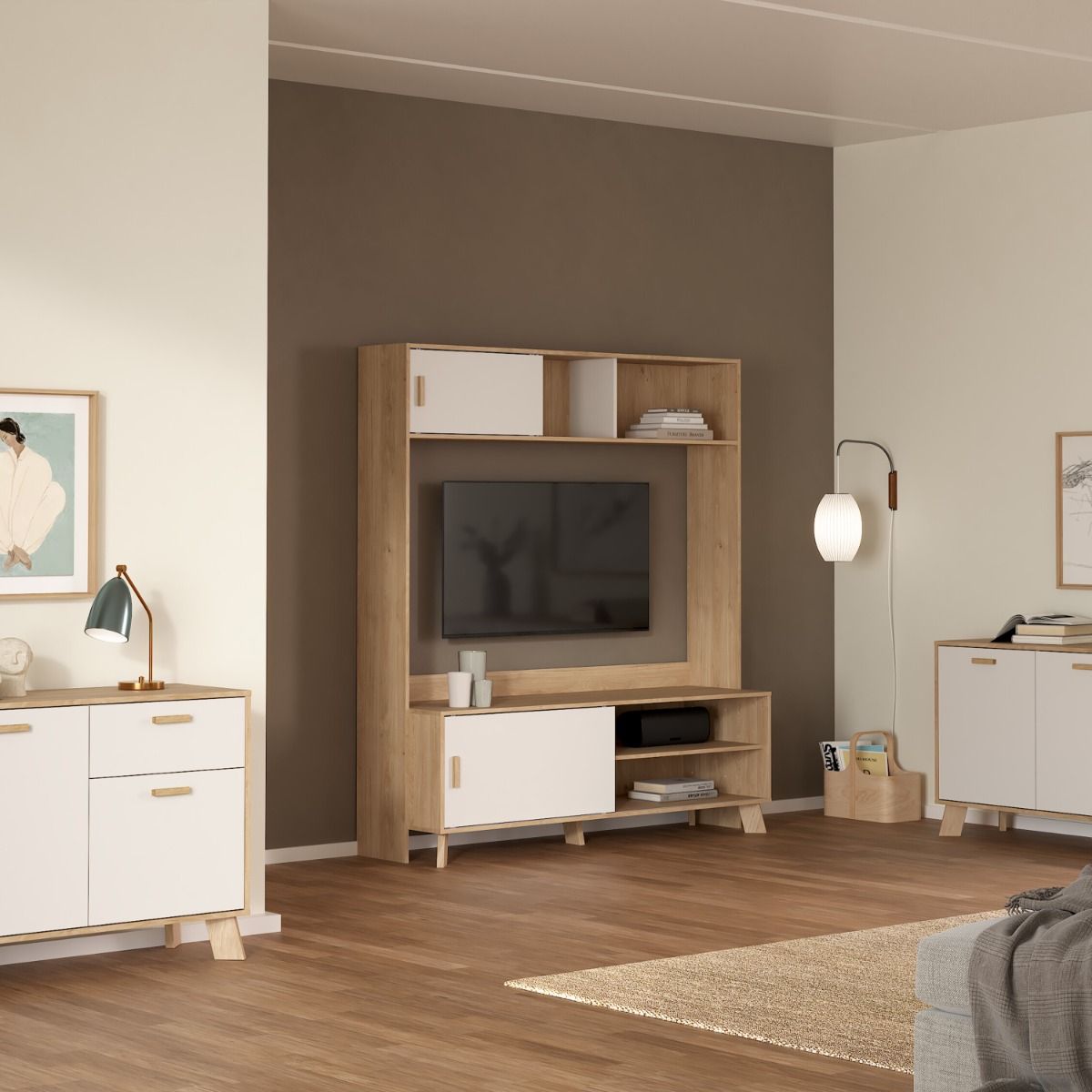 Wooden Entertainment Unit With 2 Sliding Doors In White Fronts - Ikast