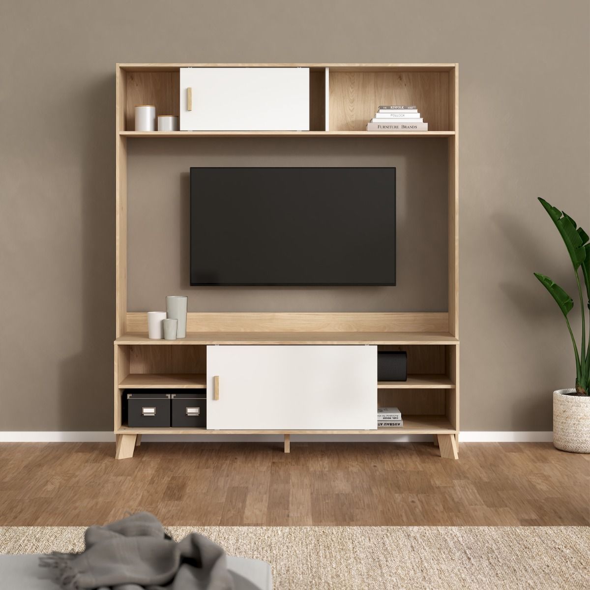 Wooden Entertainment Unit With 2 Sliding Doors In White Fronts - Ikast