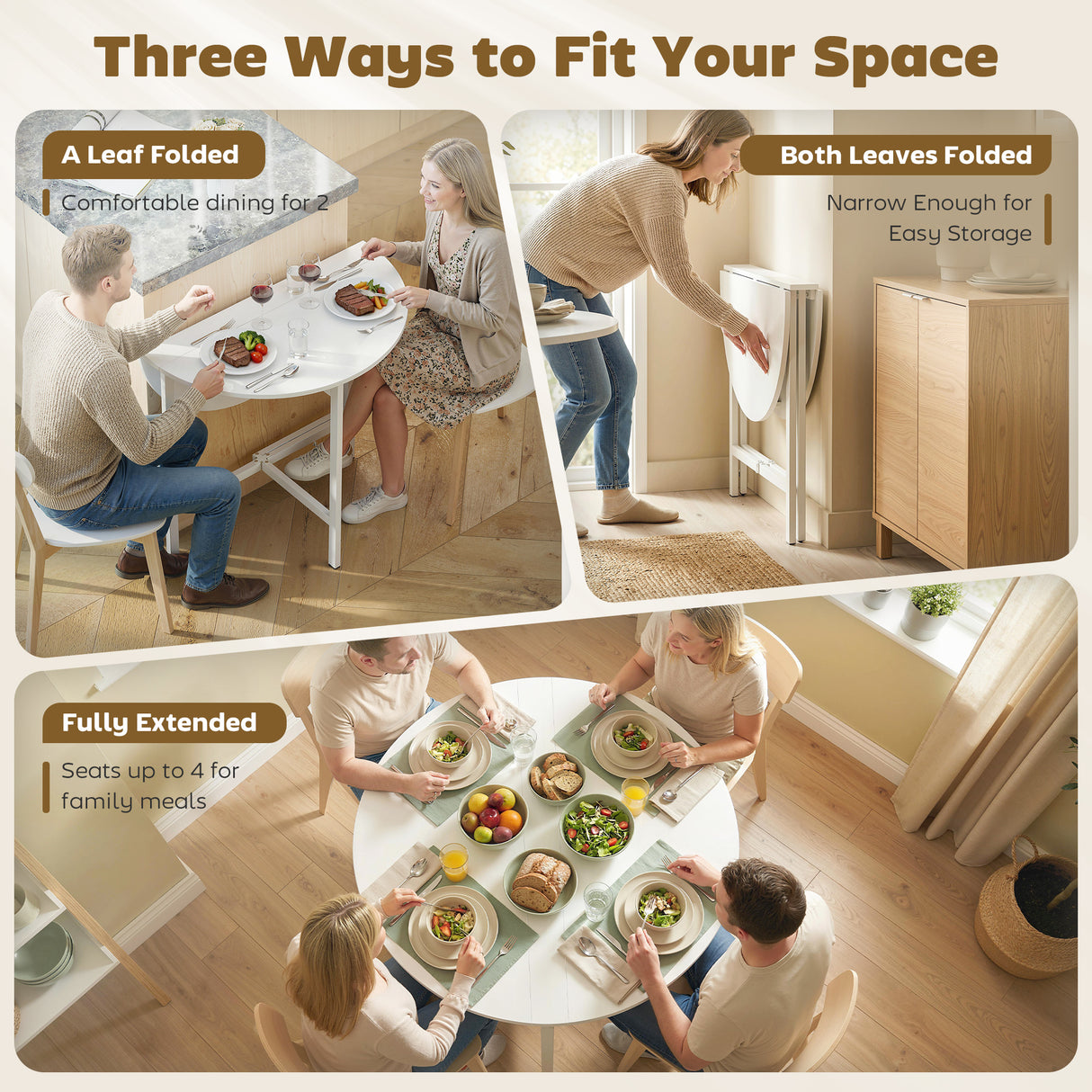 Wooden Extendable Drop Leaf Dining Table Round for 2 to 4 People - Velmora
